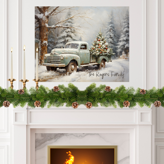 Custom Name Christmas Vintage Green Truck Matte Canvas, Stretched, 1.25"